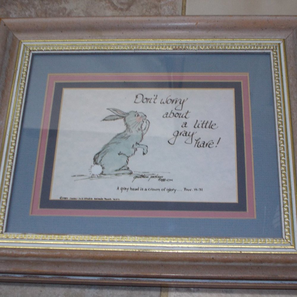Unique "Don't worry about a little gray hare"! print matted & framed 11"x13"